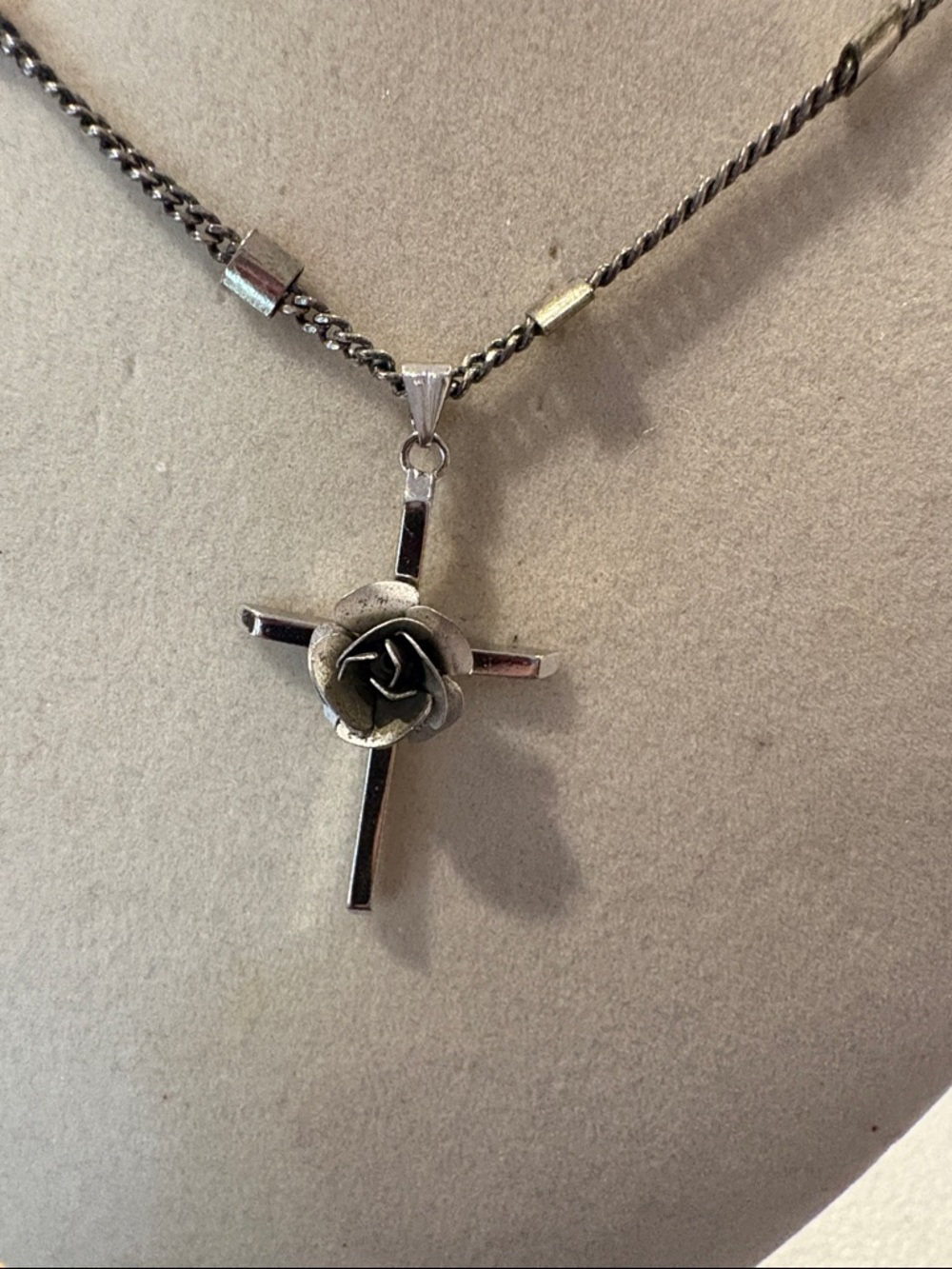 Sterling Silver Rose Cross Pendant Necklace - Silver